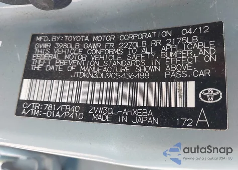 2012 Toyota Prius Two from USA, damaged, VIN JTDKN3DU9C5436488